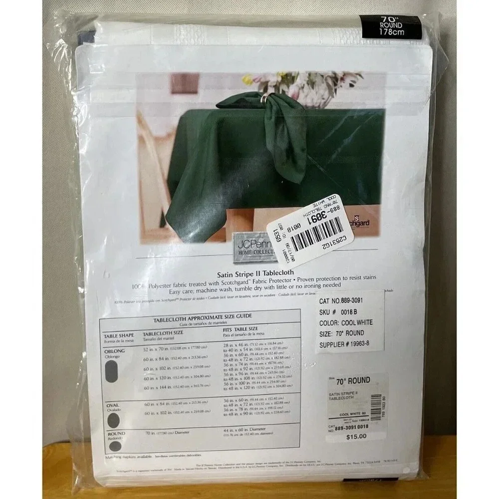 JCPenney Home Collection White Satin Stripe Round Tablecloth‎ 70” Scotchgard NEW